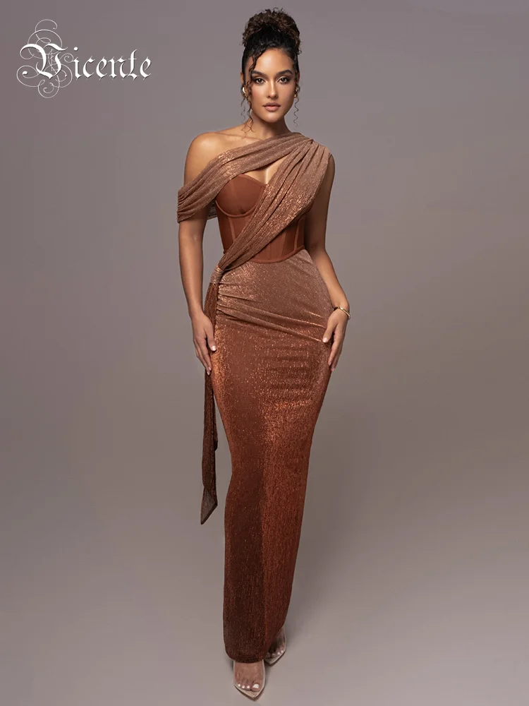 

VC Sexy 2024 New Brown Corset One Shoulder Draped Glitter Sparkly Backless Bodycon Maxi Long Dresses Evening Party Gowns