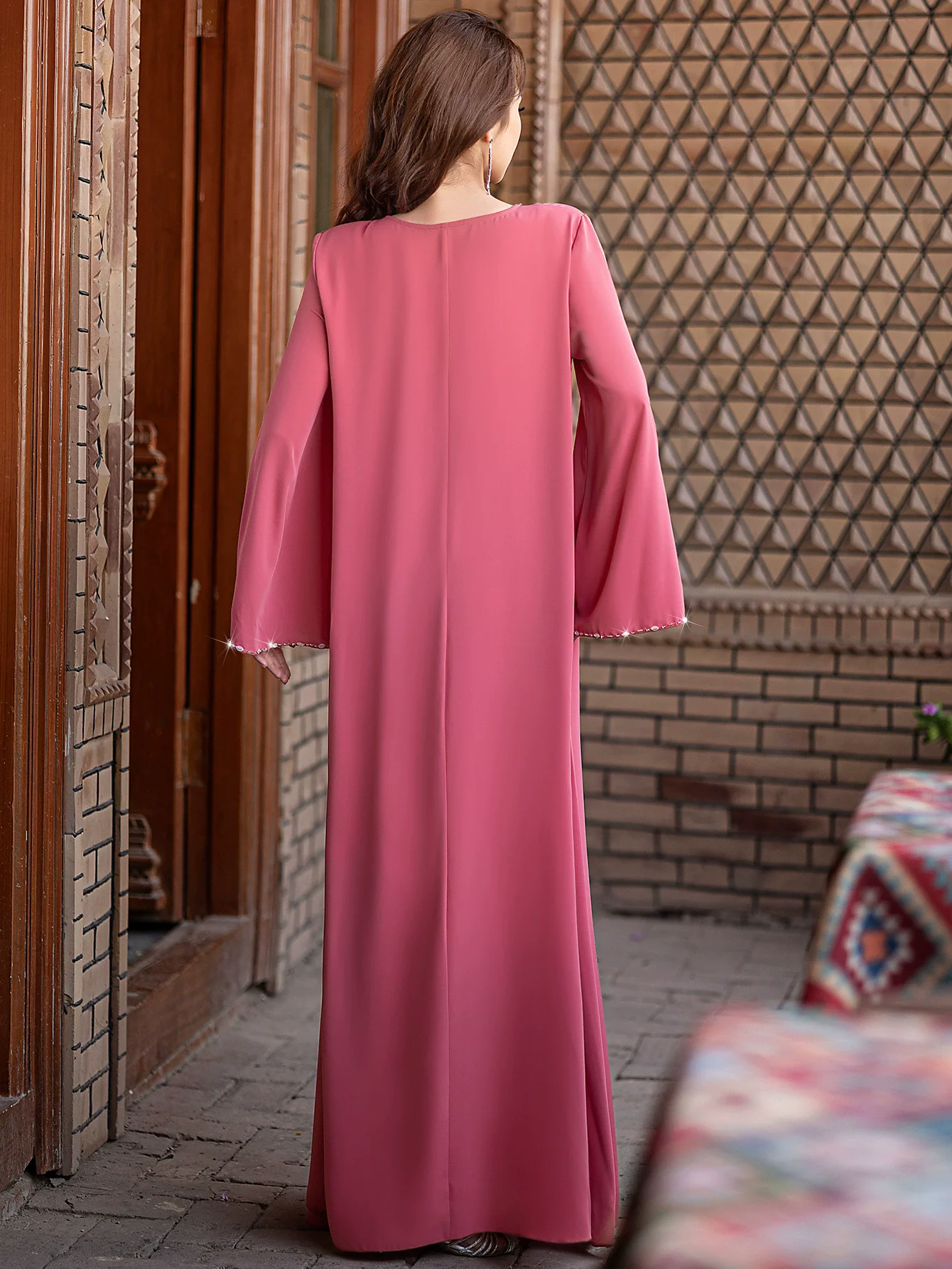 Ramadan Saudi Arabia Dubai Luxury Fashion Peach Handmade Nail Diamond Dress Summer Robe Middle Eastern Women's Islamic Dress