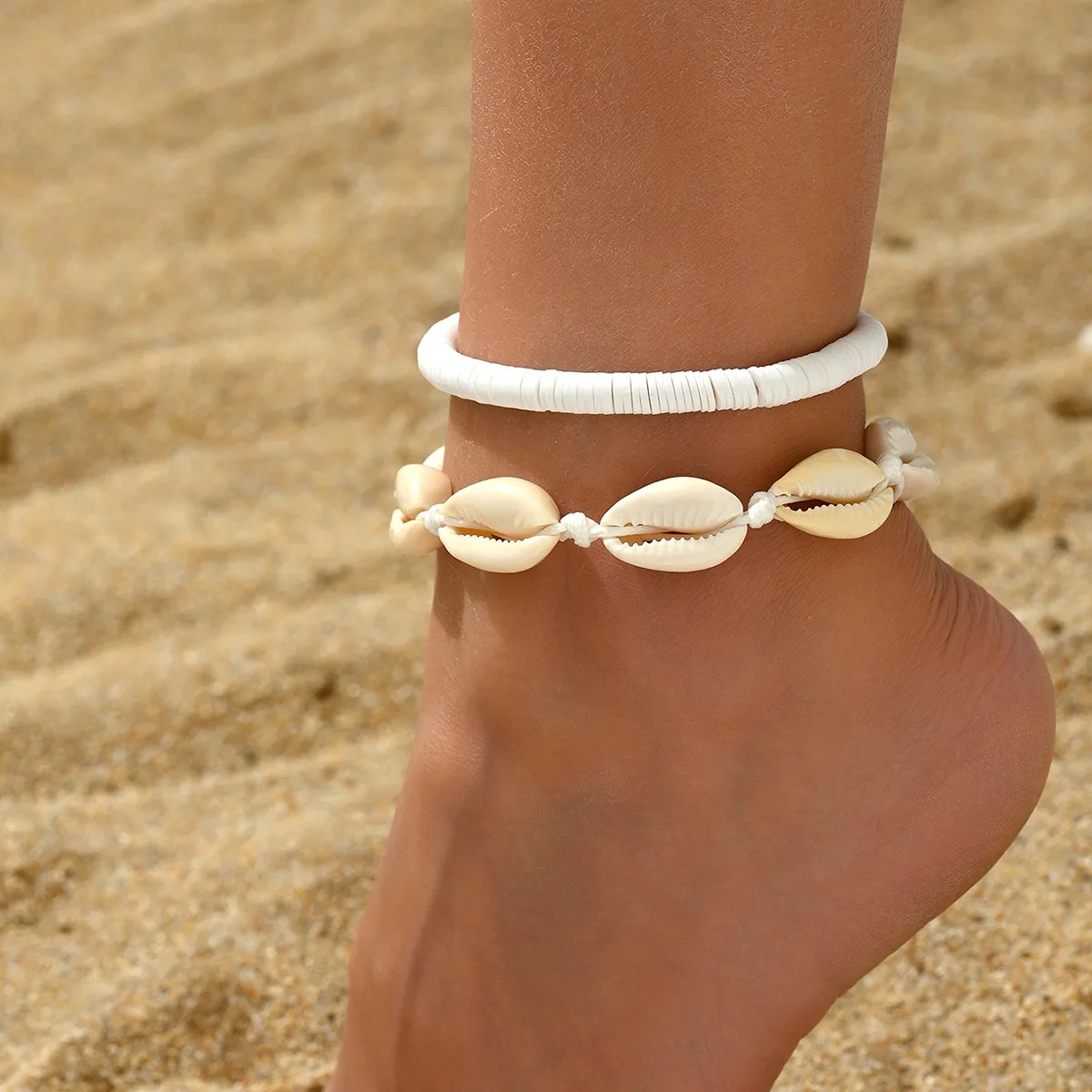 

2025 summer beach bohemian style anklet, beach seaside vacation style soft pottery conch creative anklet two-piece set