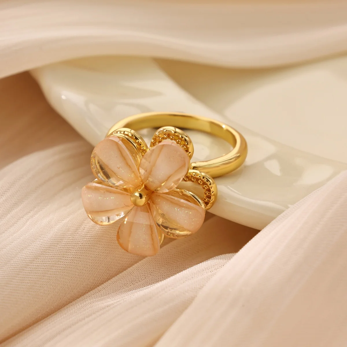 Niedlicher drehbarer Ring mit Blumenmuster aus Harz für Damen, goldfarben, Kupfer, drehbare Blume, offener Manschettenring, trendiger Party-Schmuck – Detail 11