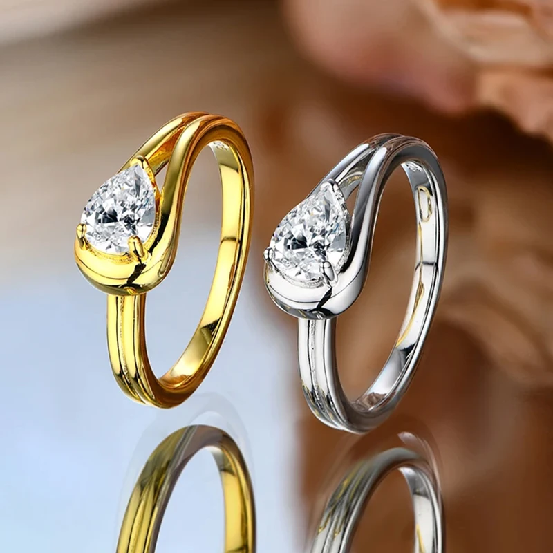 

New 925 Sterling Silver Gold Simple Water Drop White Zircon Rings for Women Party Engagement Fine Jewelry Gift
