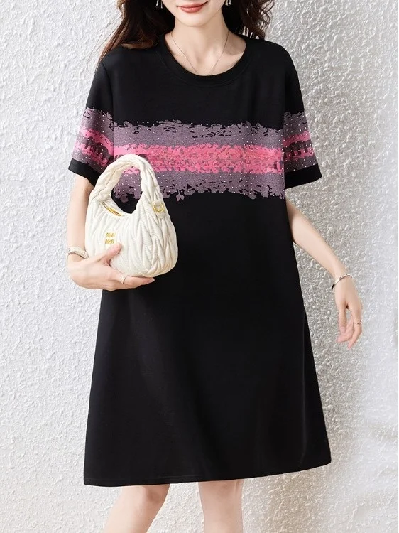 Bla imprimé perlé été Dr femme ample grande taille T-shirt Dr Vintage Sle ort Sve rond Ne Midi Dr