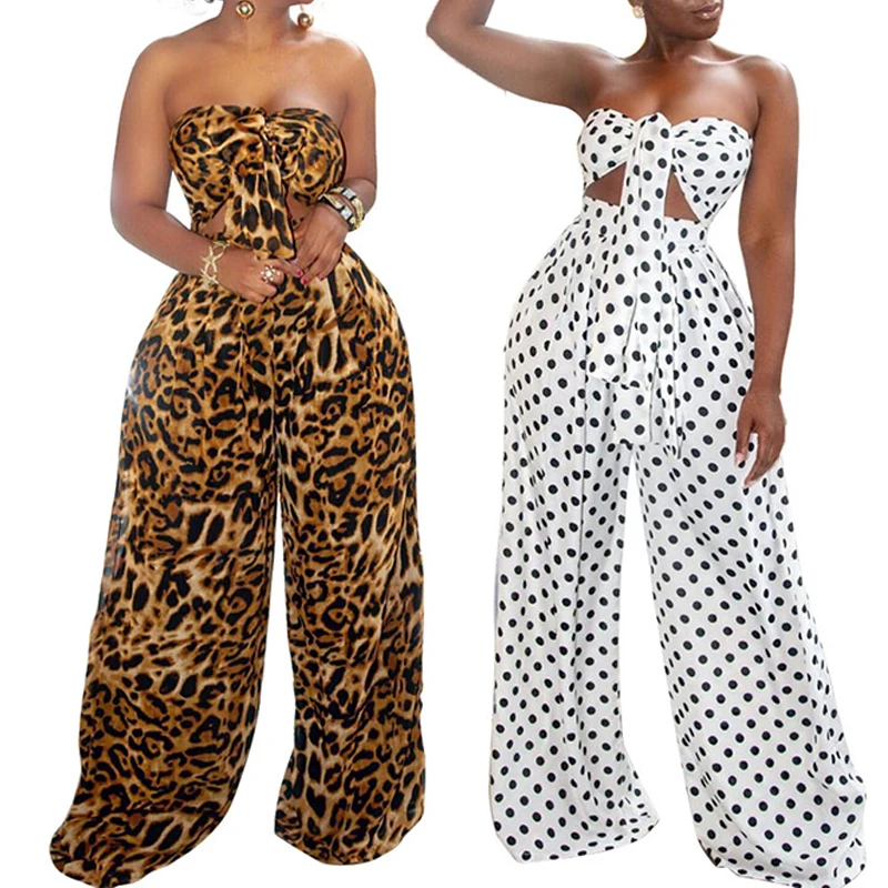 

BKLD Holiday Street Style Women 2Pcs Leopard Sets Strapless Lacing Tube Top And High Waisted Wide Leg Pants Casual Sexy Clothing