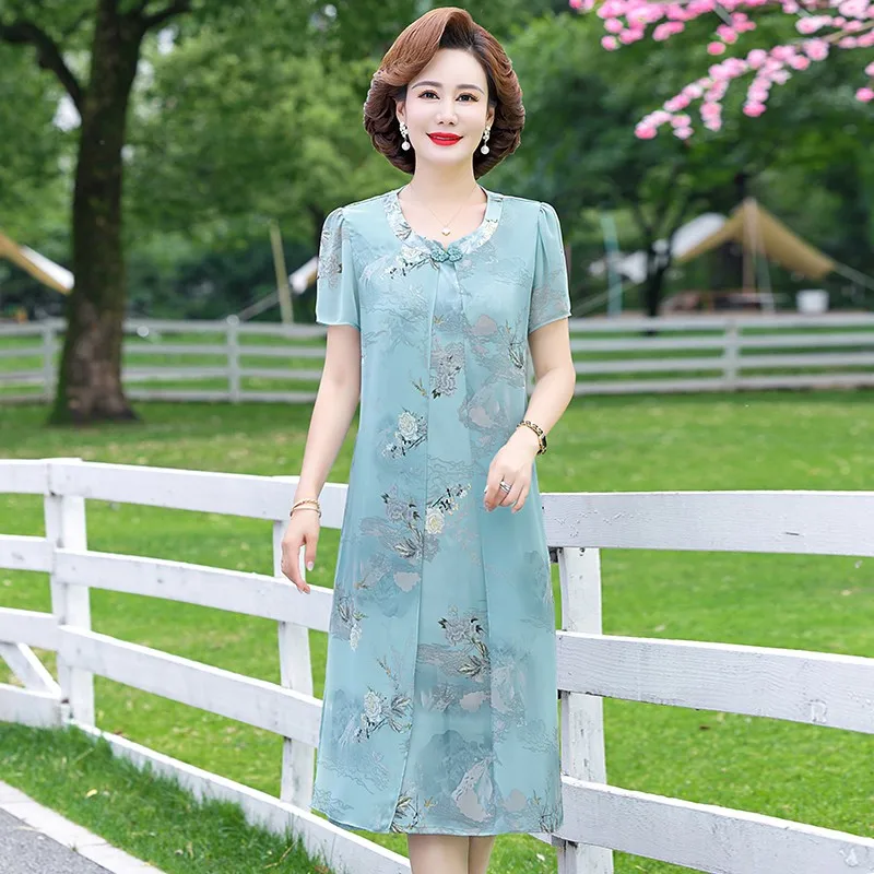 

Middle-aged Woman Summer Cheongsam Dress Moms fake two Casual Vintage chiffon Dress Women Elegant loose Party Vestidos