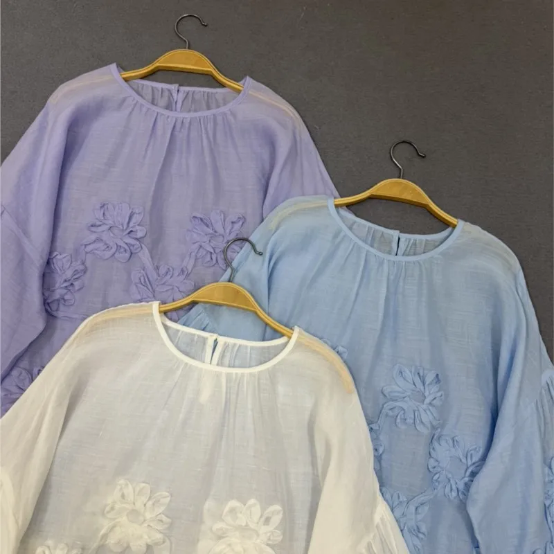 Johnature Spring Summer Round Neck Pullover Loose Long Sleeve Top Simple 3D Floral Ramie Pullover Women Shirts