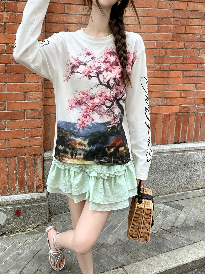 Women Harajuku Vintage Sakura Landscape Tops Crew Neck Long Sleeve Oil Painting Print Y2K Aesthetics Casual Streetwear T-shirts