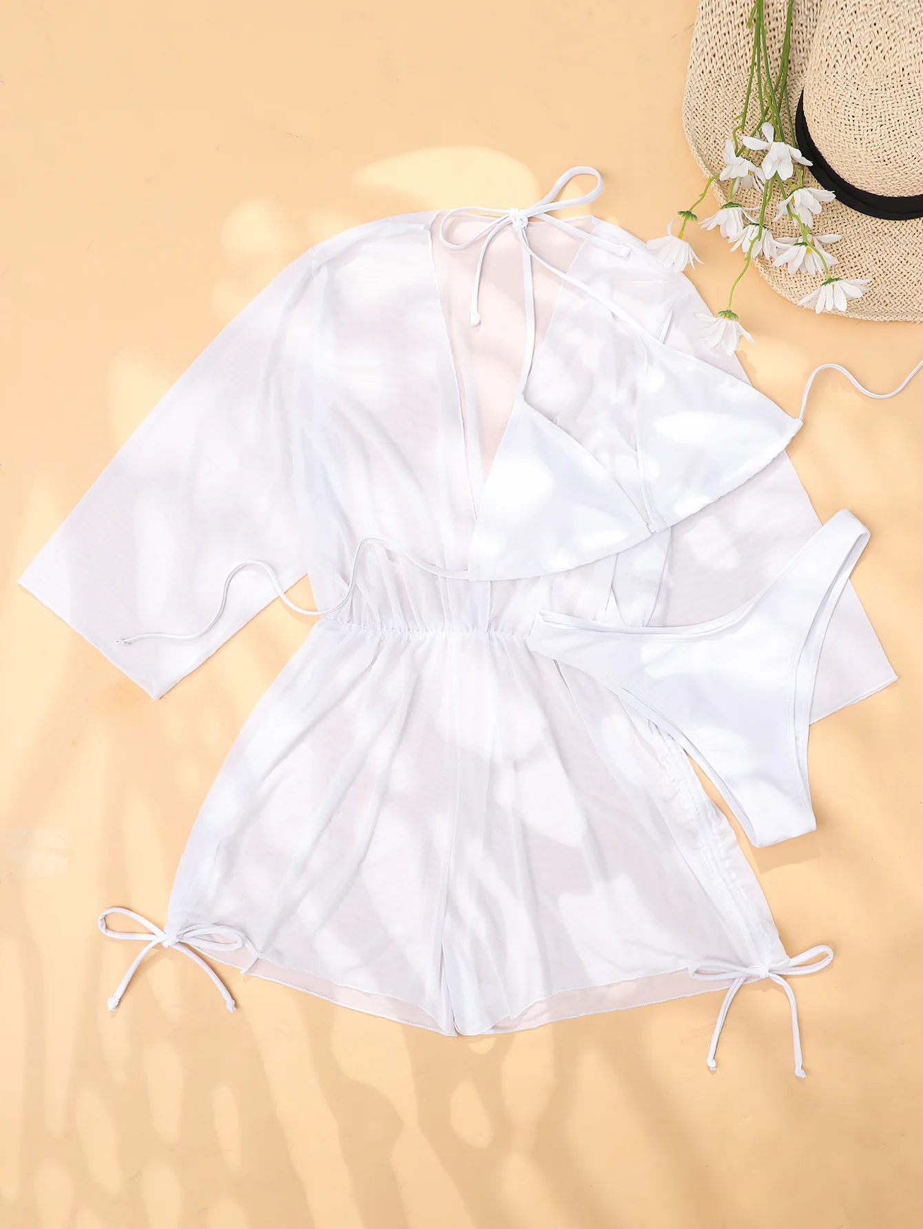 Women' Bikini 3 Piece Set Sexy Solid White 2022 Summer Halter Push Up Swimsuit Short Sleeve Cover Up Dress with Thong Swimwear