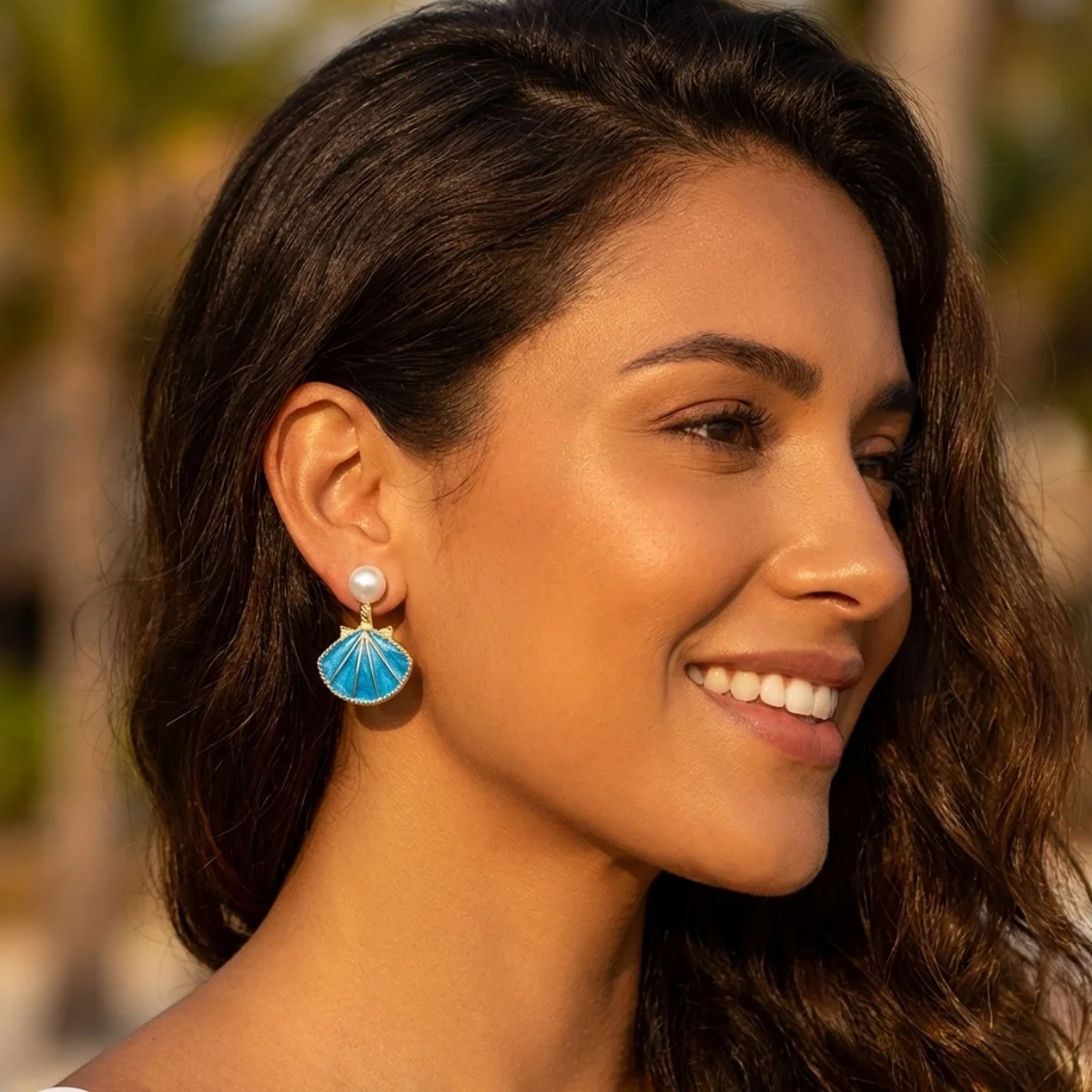 Imitationsperlen-Ohrstecker mit Emaille-Muschel-Rückseite für Damen und Herren, böhmische Ozean-Strand-Muschel-Ohrringe, Sommerparty-Schmuck – Detail 7