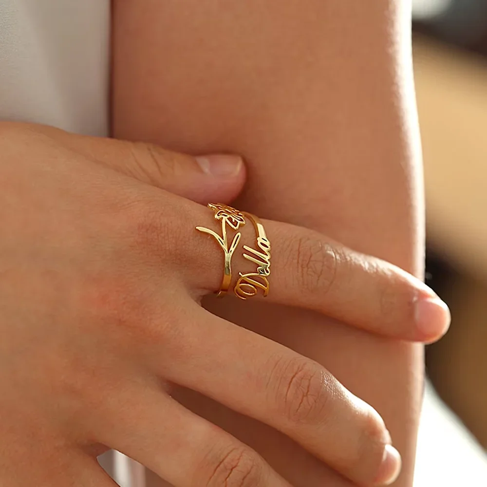 

Custom Birth Flower Name Rings For Women Gold Color Stainless Steel Adjustable Finger Rings Personalized Birthday Jewelry Gift