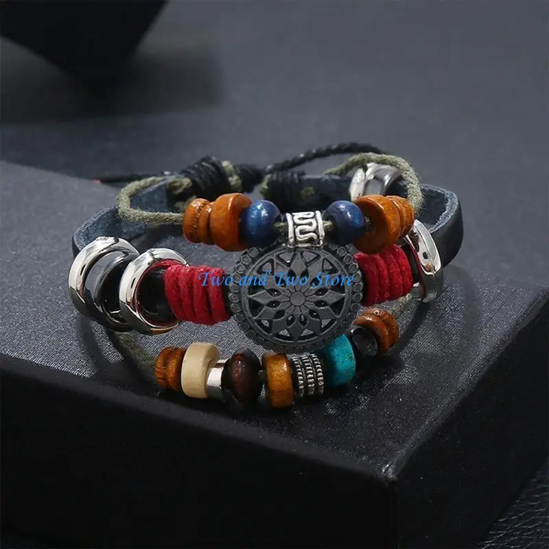 HX6F Vintage Boho Beaded Bracelet Multilayer Hand Woven Wristbands Hemp Cords Wrap Bracelet Jewelry for Men Women Multicolor