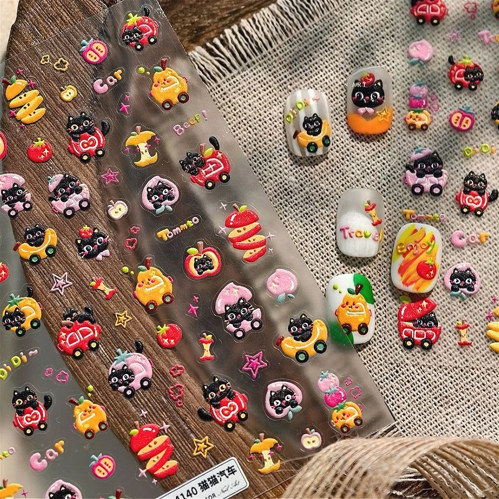 Dopamina lindo gato negro fruta coche 5D en relieve autoadhesivo pegatinas para decoración de uñas manzana melocotón plátano pera dibujos animados 3D calcomanías de manicura
