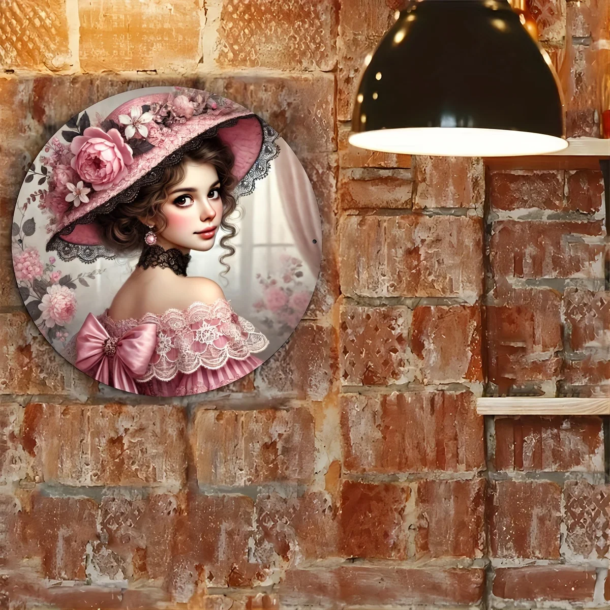 1Pc Victorian Lady Metal Wall Art - Round Pink & White Floral Victorian Portrait Sign, Elegant 19Th-Century Inspired Aluminum Pl-image