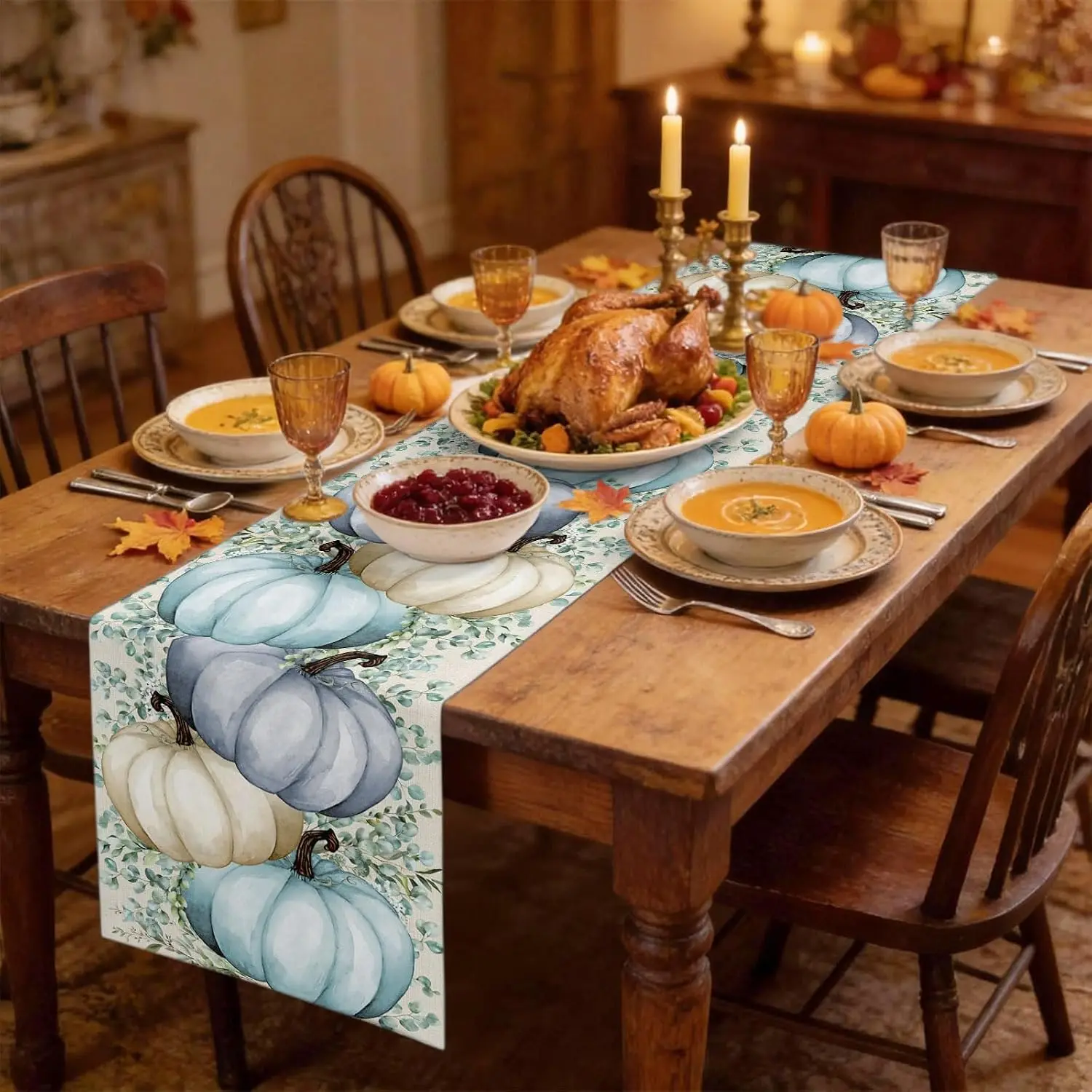 Fall Pumpkin Eucalyptus Leaves Linen Table Runner Home Decoration Autumn Harvest Kitchen Dining Table Runners Thanksgiving Decor