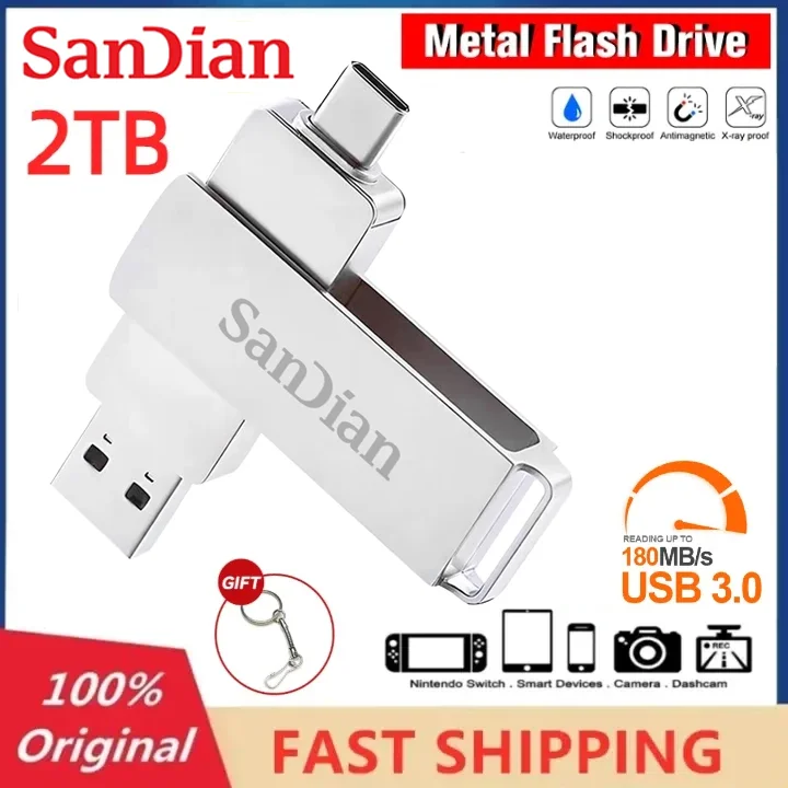 Flash Drive 2TB USB 3.1, Flash Drive logam kecepatan tinggi Mini 1TB 512GB 256GB SSD 128GB perangkat penyimpanan memori USB Disk