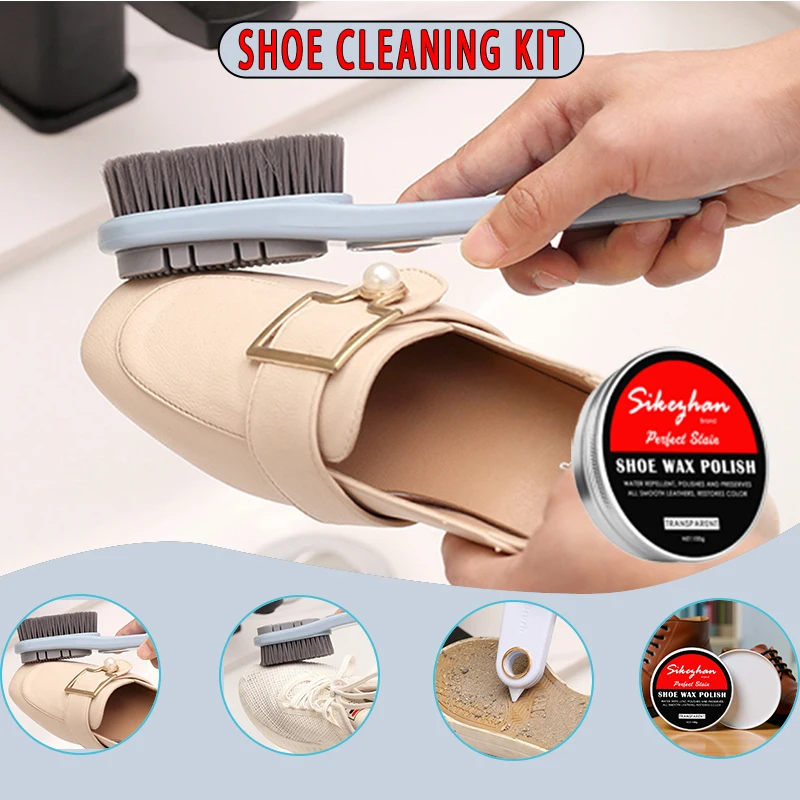 Schuhreinigungsset, doppelseitige Schuhbürste mit langem Griff, weichen Borsten und Silikonbürste und professioneller Lederpflegecreme