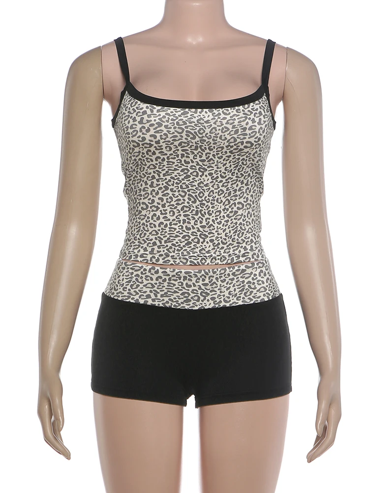 Weird Puss Leopardenmuster 2-teiliges Set Damen Low-Neck Rückenfreies Camisole + Patchwork-Shorts mit elastischem Bund Street Classic Alltagsanzug – Detail 3