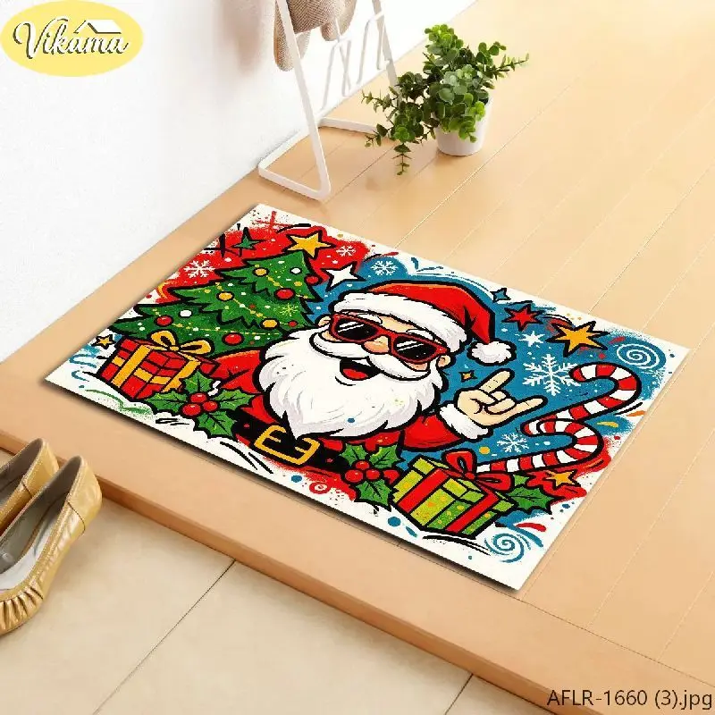 VIKAMA Pop Art Christmas Welcome Rug Street Art Santa Print Non-Slip Absorbent Entryway Door Mat, Winter Holiday Home Decor Gift