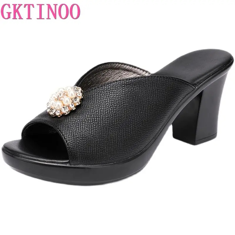 GKTINOO 2024 Summer Shoes Women Slides Thick Heels Slippers Bling Open Toes Sandals Genuine Leather Women Slipper