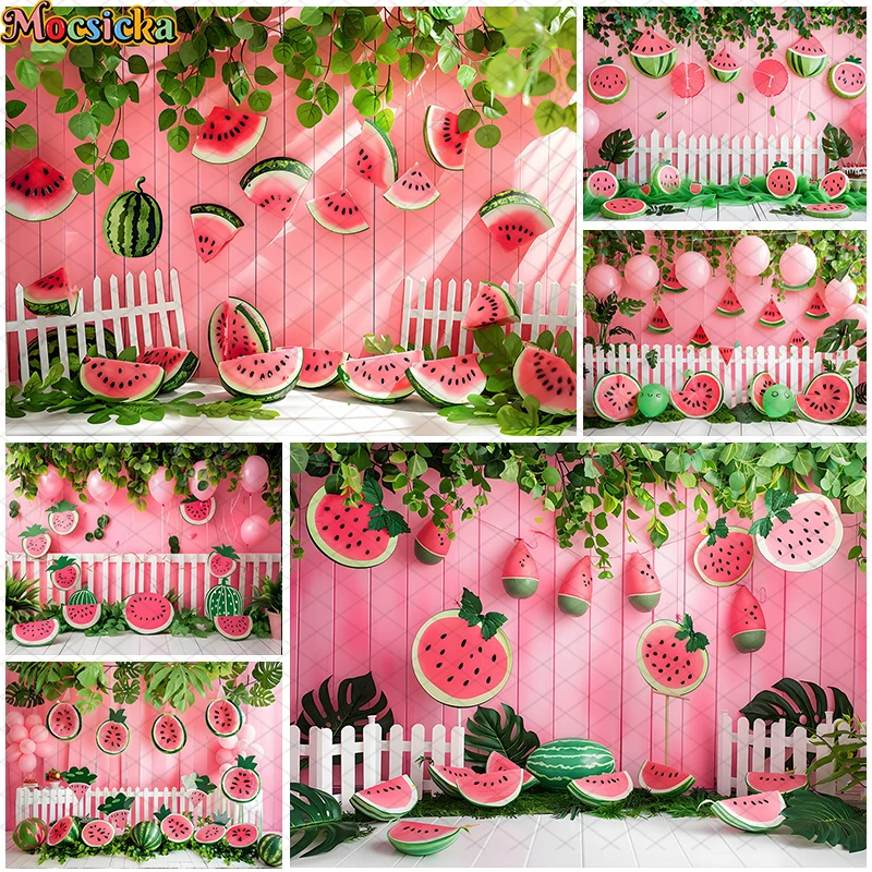 

Mocsicka Photography Background Cool Summer Watermelon Green Leaf Decor Cake Smash Kids Birthday Party Backdrop Photo Studio