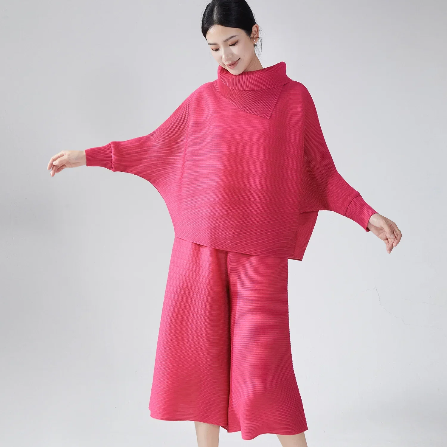 Fold Miyake Pleated High Collar Lantern Sleeve Tops Wide Leg Pants Women Spring Causal Two Piece Sets