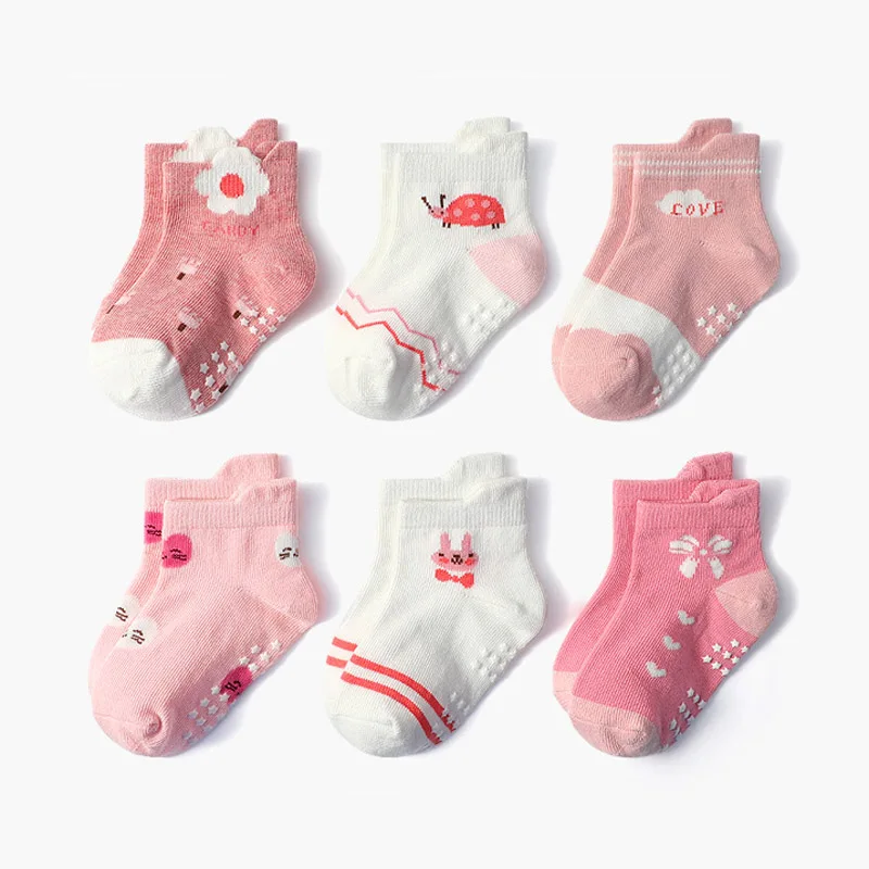 6/12 Paar rutschfeste Socken für Mädchen, niedliches Cartoon-Blumen-Herz-Streifenmuster, Bodensocken für Kinder, Babys, Kleinkinder, für alle Jahreszeiten – Detail 2