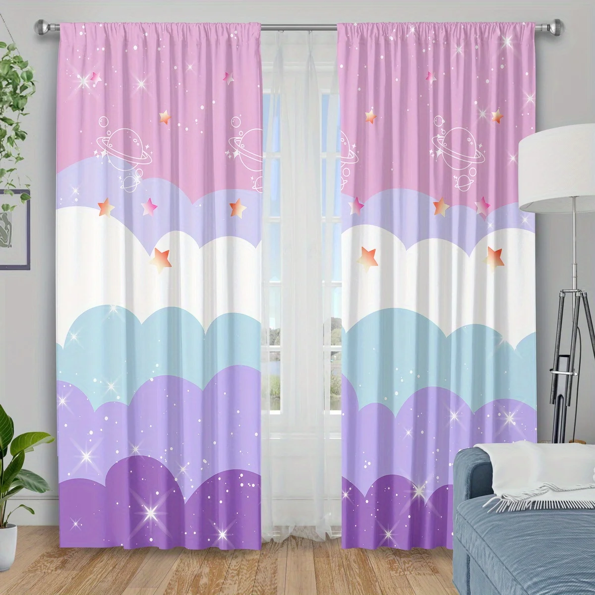 Rainbow stars and planets Print Drapes Room Darkening Window Curtains for Home Decor,Rod Pocket Blackout Curtains Bedroom