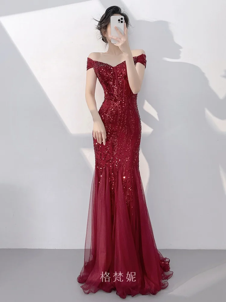 

Ele Red One-oulder Fi-Tail Evening Gown for Women 2025 New Sle Wedding Dr Korean Sle Mid-Waist Long Skirt