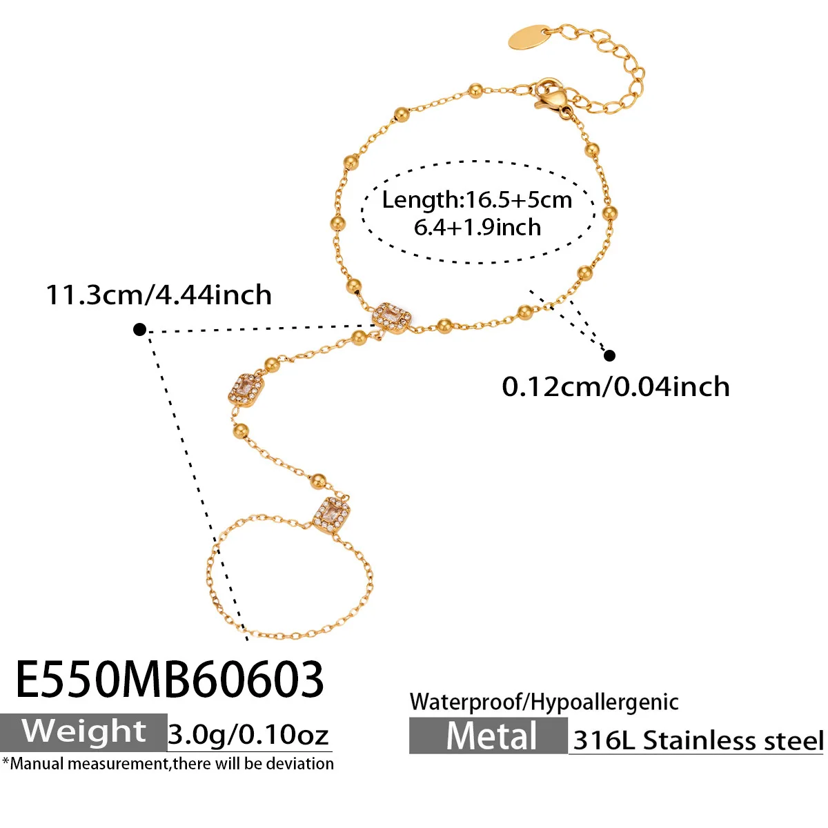 Zirkon-Perlen Handketten-Armband 316L Edelstahl-Armband 18K Vergoldet Verstellbares Armband Täglicher Schmuck für Frauen – Detail 4