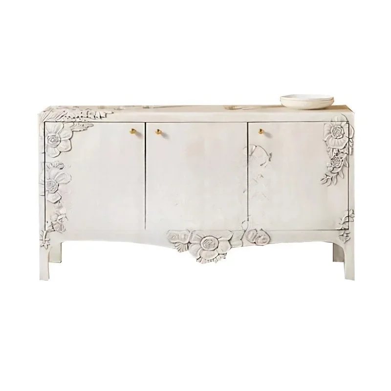 French retro solid wood carving flower entrance cabinet living room dining side cabinet