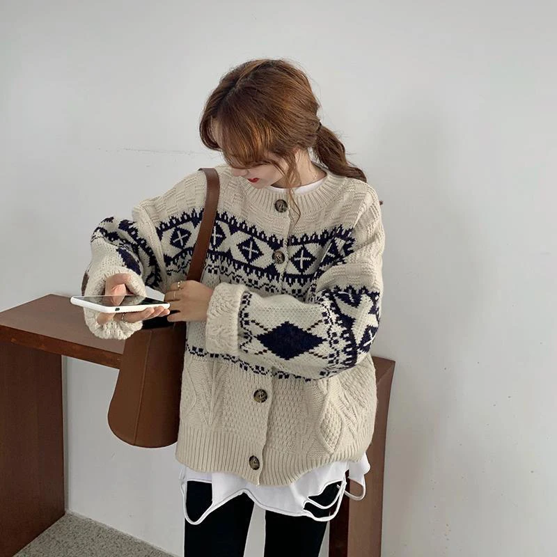 Zoki Korean Patchwork Cardigan Sweaters Women Lazy Wind Vintage Argyle Long Sleeve Knitted Coat Casual O Neck Female Print Tops