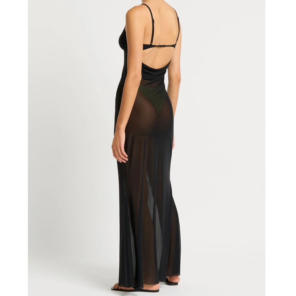 Abito da donna trasparente in rete trasparente con canottiera senza maniche, cinturino per spaghetti, anello sul davanti, abito lungo aderente, abito aperto sul retro