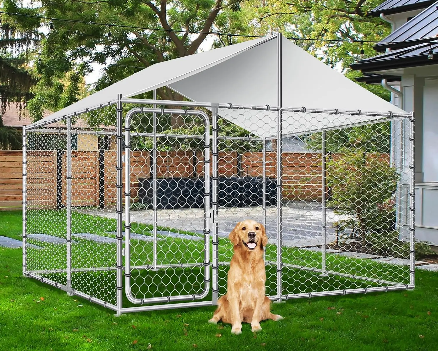 7.5FT Outdoor Dog Kennel with Roof, Heavy Duty Dog Run Enclosure Pet Playpen with Galvanized Chain Link Waterproof, Customized