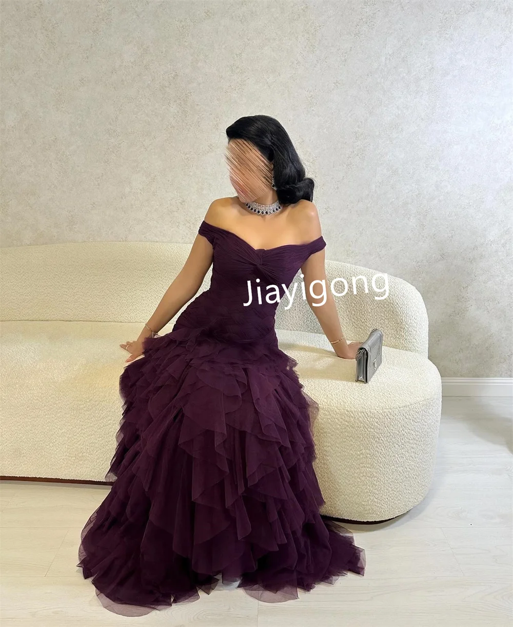 Customized Retro Tulle Pleat A-line Off-the-shoulder Long Dresses Bespoke Occasion Dresses Customized Classic Modern Style