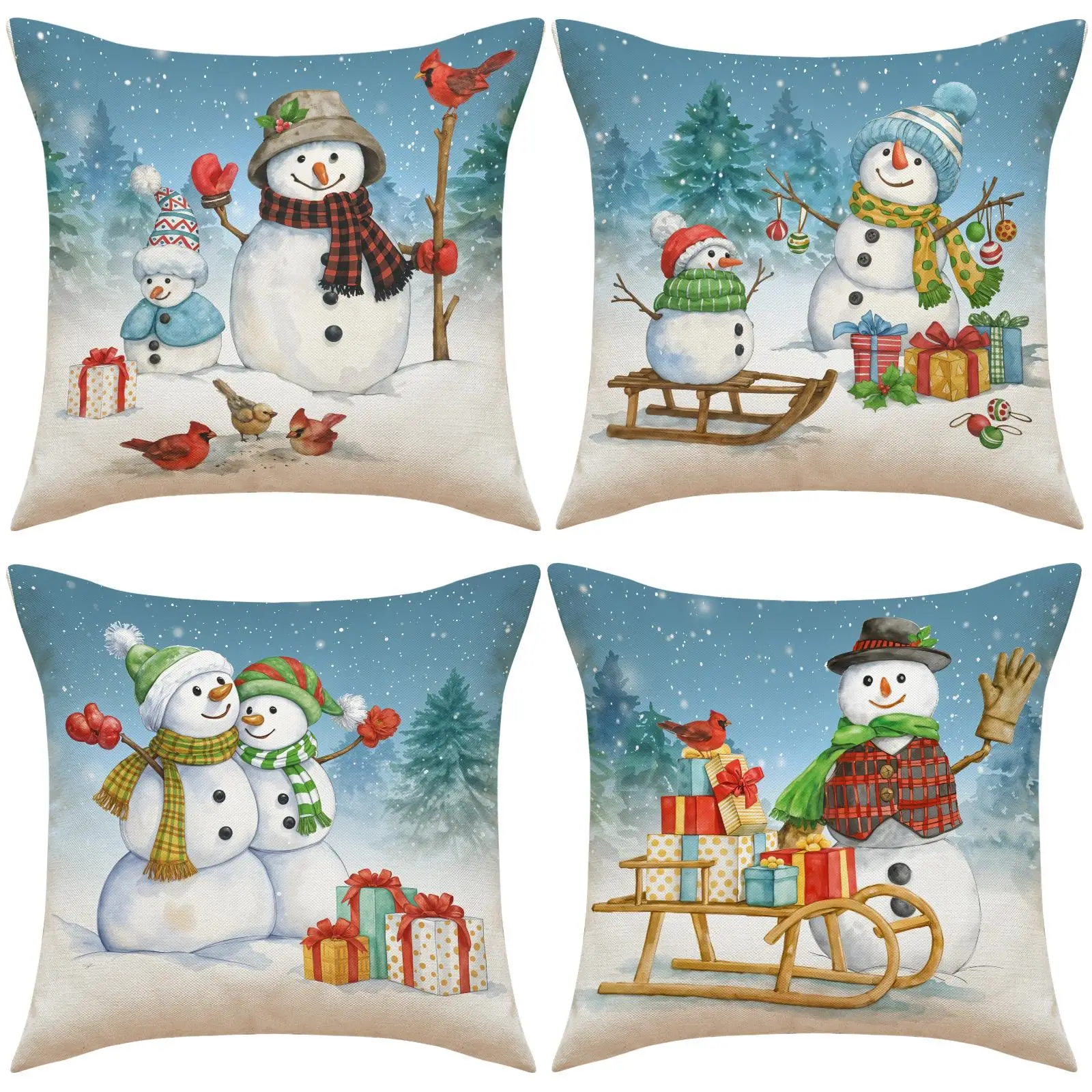Christmas Snowman Pillow Covers 45cm Cartoon Print Linen Cushion Case Winter Sofa Throw Pillowcase for Home Holiday Decoration