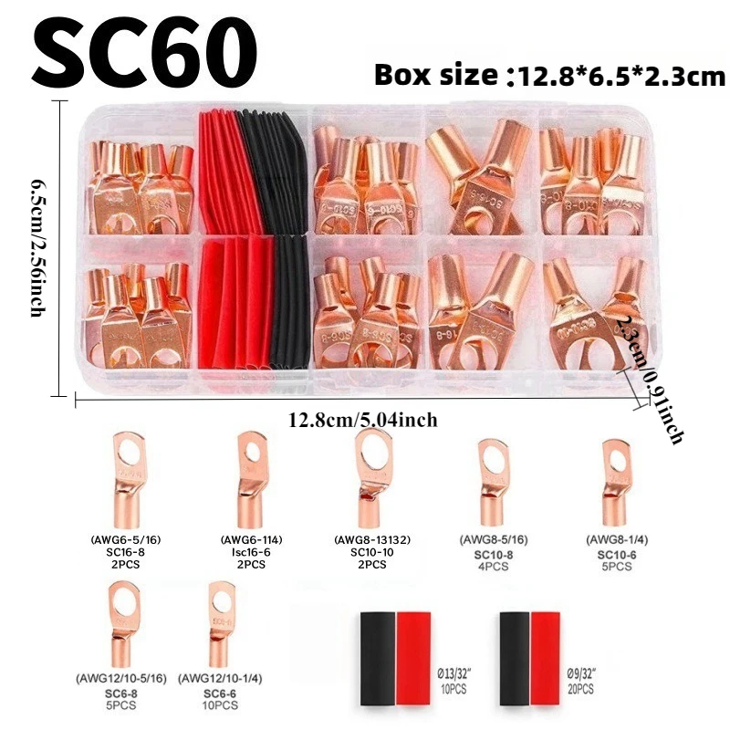 60/100/130 Stück Kupfer-Klemmenverbinder, AWG 4 6 8 10 12 Ringkabelschuhe-Set mit Schrumpfschlauch 50 Batteriekabelschuhe mit Schrumpfschlauch