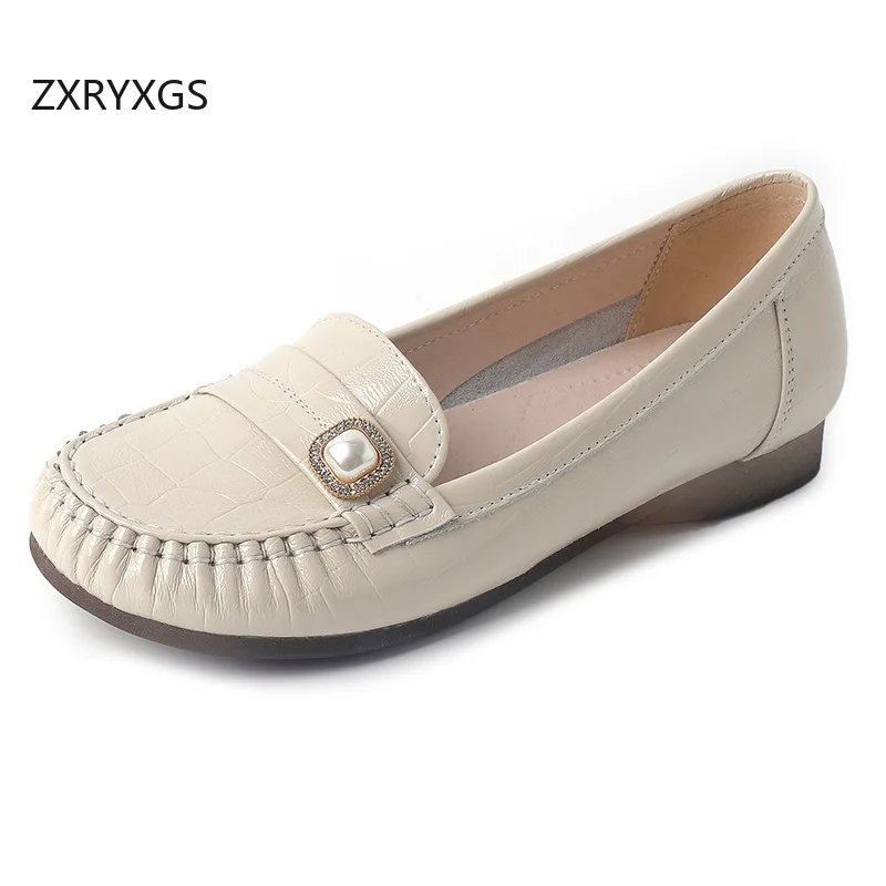 

ZXRYXGS Premium Embossed Cowhide Pearl Fashion Casual Shoes Woman Flats 2025 Large Size Soft Sole Comfortable Trendy Shoes Flat
