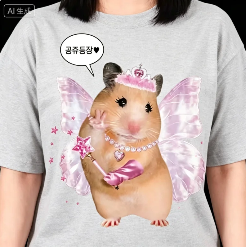 2026 new Round-neck cotton T-shirt, cute little elf hamster with crown and butterfly wings - Y2K casual style