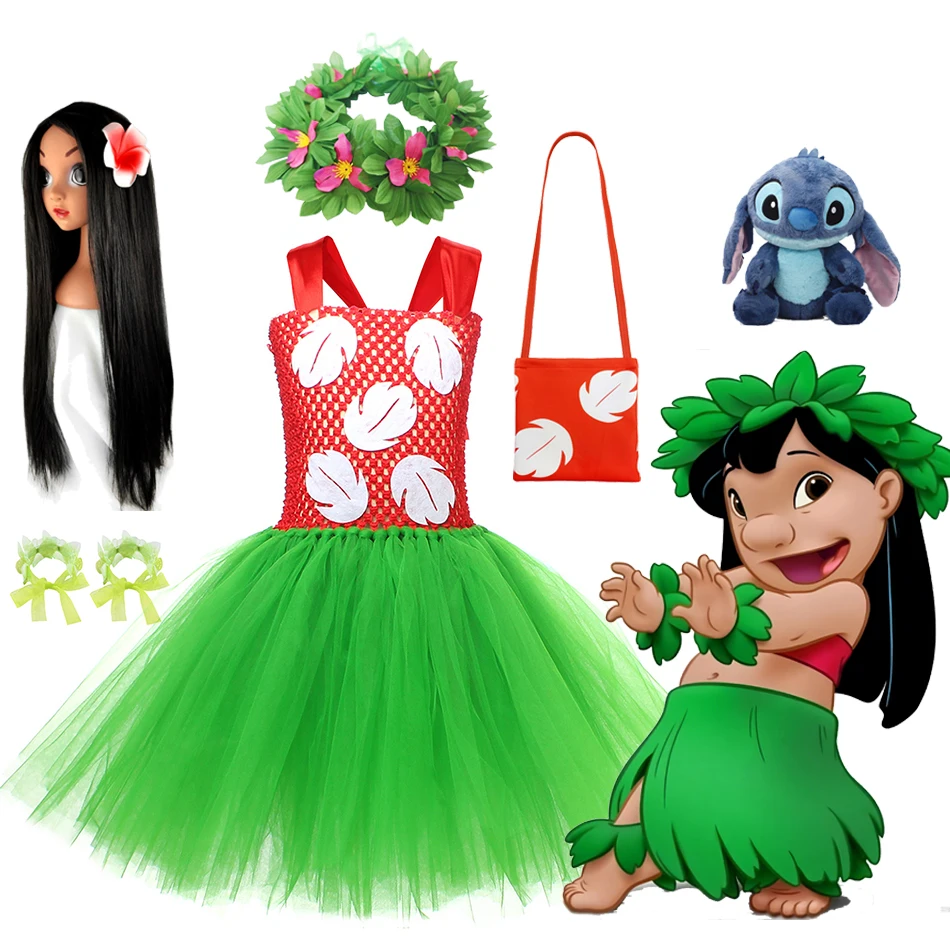 Lilo and Stitch Costume for Girls Official Disney Red and Green Floral Hawaiian Party Dress with Wreath Outfit for Halloween
