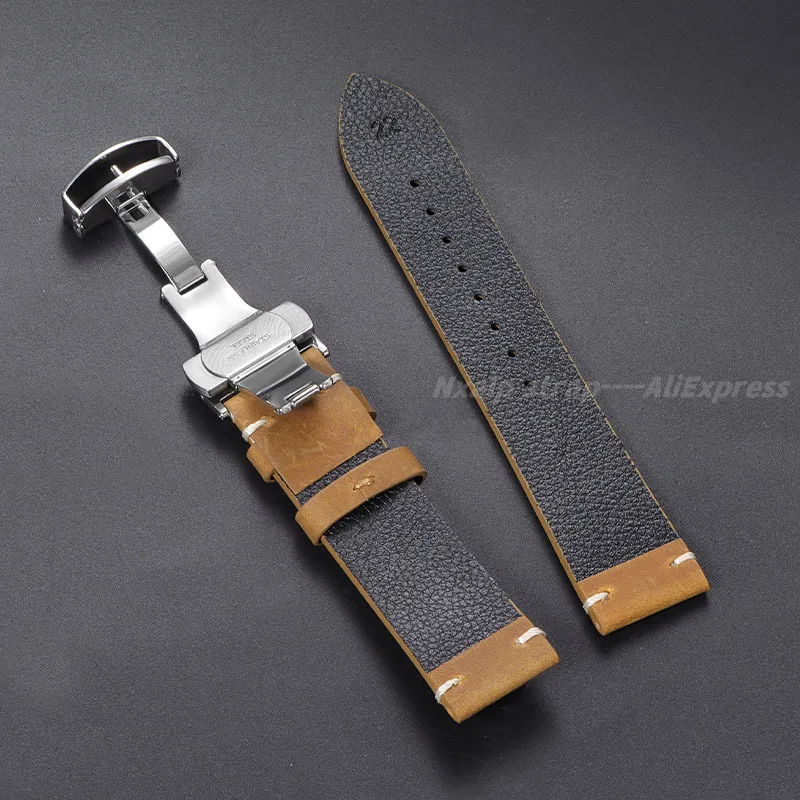 Handmade Stitching Cowhide Watch Band 18/20/21/22/24mm Oil Wax Vintage Leather Strap for Omega for Seiko Band Butterfly Buckle