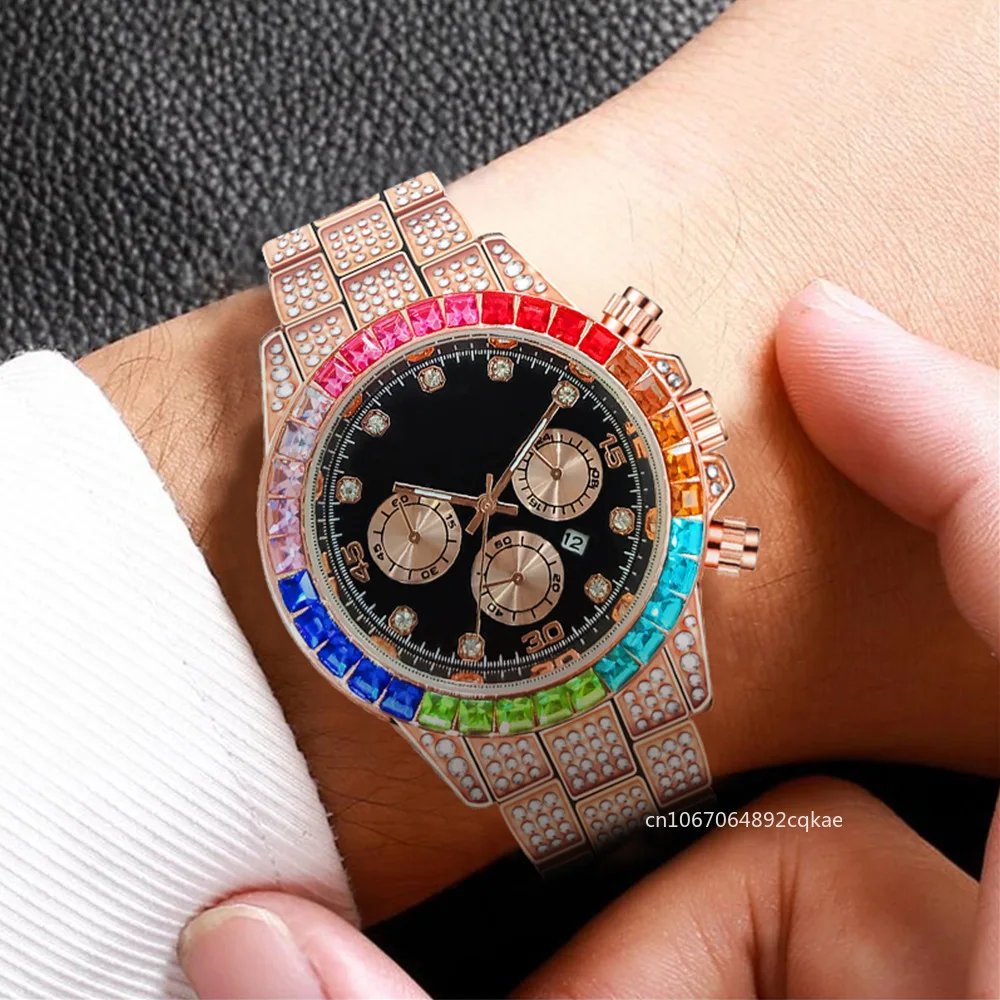 Luxury Men Watches Colorful Quartz Wristwatches Rhinestone Watch Calendar Watch Male Clock Gift Relogios Masculino Montre Homme