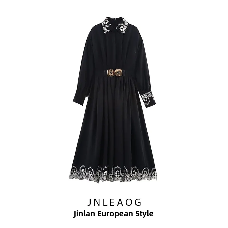 

Faionable Embroidered Dr with Belt High Waist A-Line Skirt Polyester Spring New Sle Women's Clothing JNLEAOG