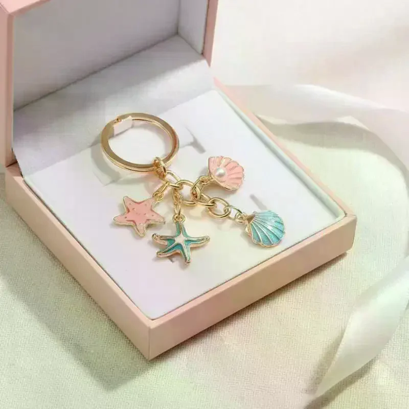 Cute Ocean Themed Seashell Conch Starfish Keychain Anti-loss Key Organizer for Women Girls Birthday Gift