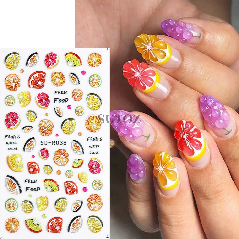 5D Summer Fruits Nail Art Stickers Cherry Orange Pear Stars Sliders Cute Jelly Relief Decals Dopamine Manicure Decors GL5D-R038