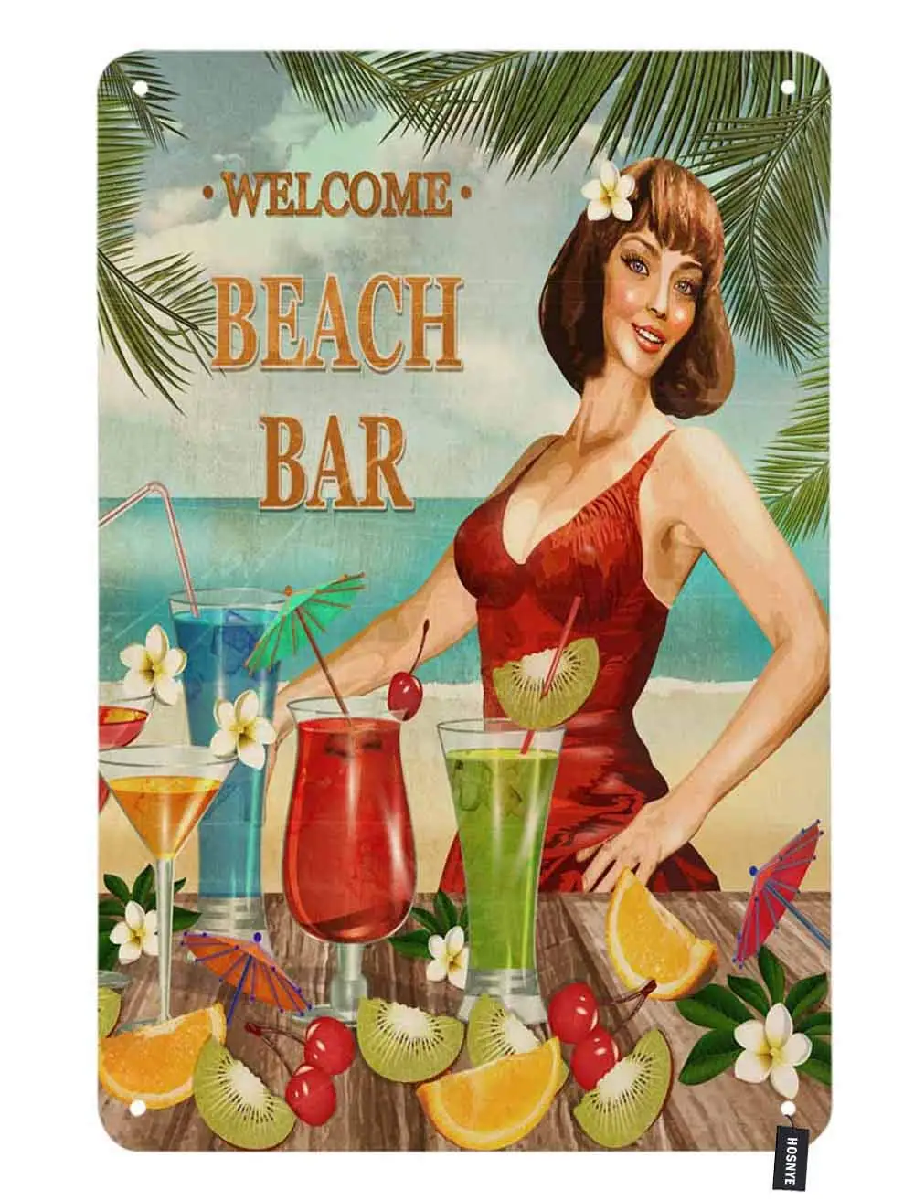 HOSNYE Beach Bar Pin Up Girl Tin Sign Sexy Women in Red and Drinks Around Design Vintage Metal Tin Signs for Men Women Wall Art 