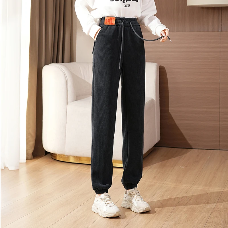 Corduroy pants HighWaisted Sweat Pants Bear Embroidered Casual Pants Thick women's sweatpants drawstring pants