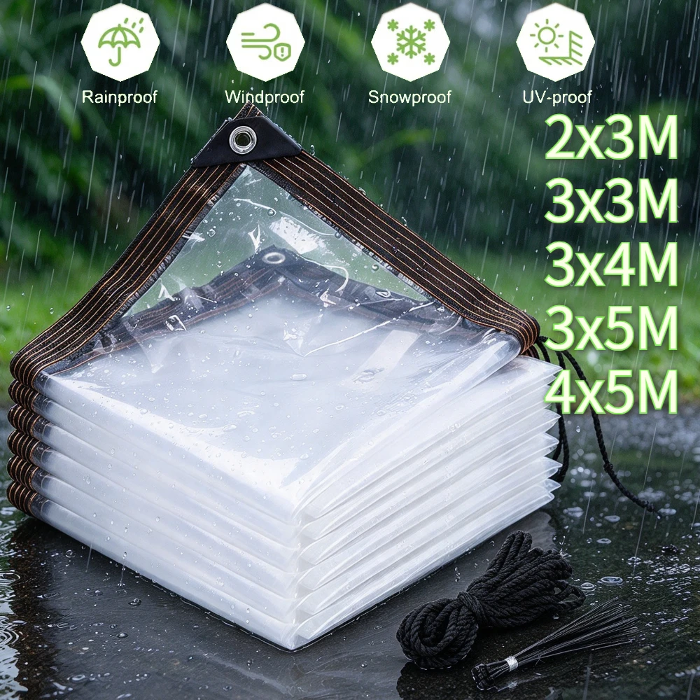 Clear PE Tarpaulin Waterproof Heavy Duty with Eyelets Plastic Sheet Reinforced Edge Tarp Outdoor Patio Sunroom Rain Dust Cover
