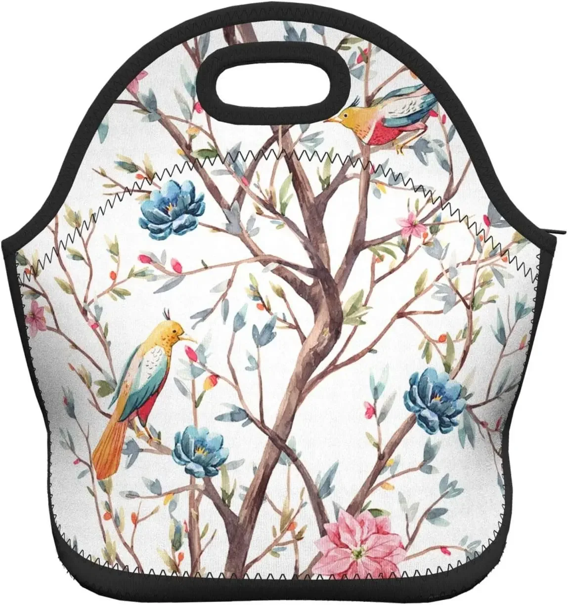 Watercolor Spring Flowering Tree Insulated Neoprene Lunch Bag With Beautiful Feathers Birds Pink And Blue Flowers Tote