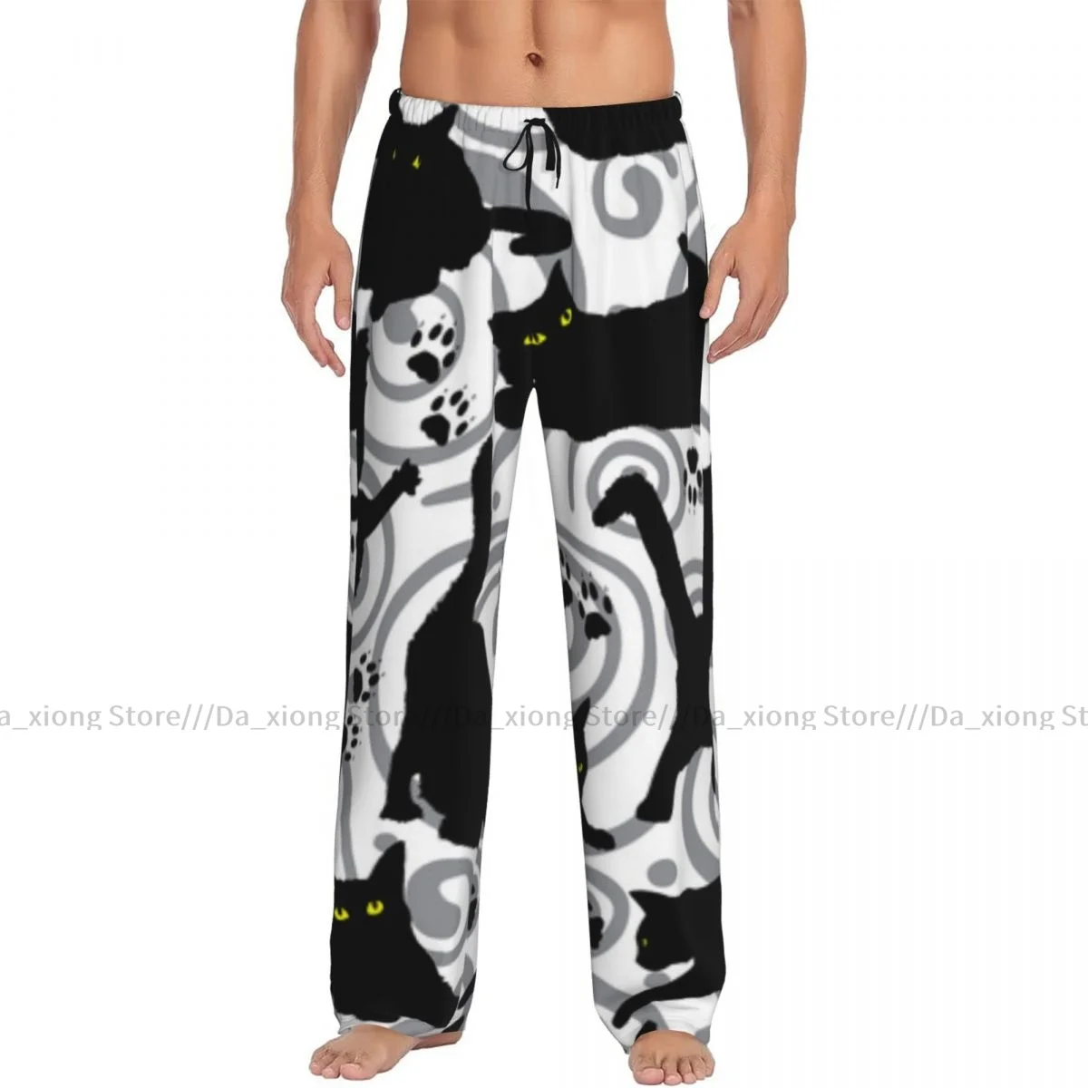 Calça longa de pijama casual masculina, cintura elástica solta, padrão gato preto, roupa de dormir aconchegante, calça lounge em casa