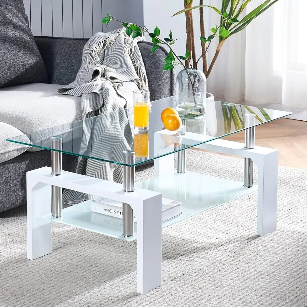 Rectangle Coffee Table, Tea Table Suitable for Waiting Room, Modern Side Coffee Table with Wooden Leg, Glass Tabletop