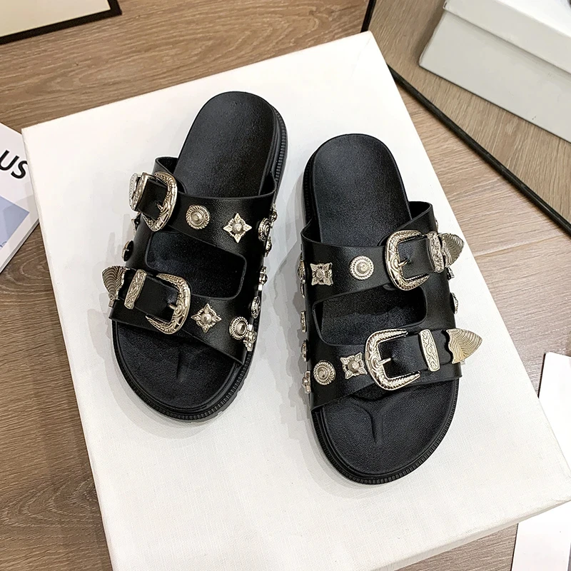 Black Sandals for Women Punk Slippers Studded Buckle Decor Open Toe Women Shoes Comfortable Platform Women Beach Shoes sandalias